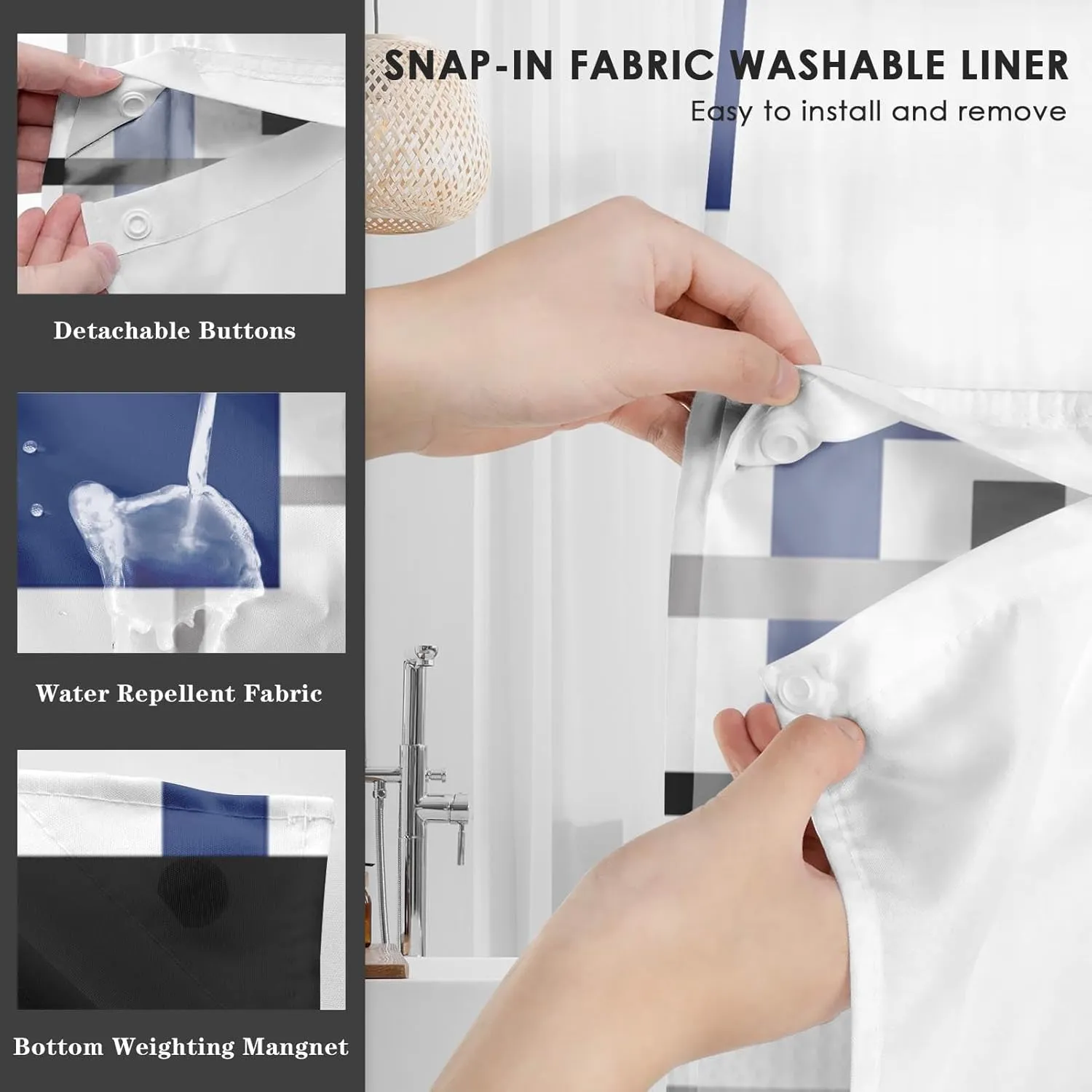 No Hook Blue Geometric Vintage Checkered Shower Curtain with Snap in Fabric Liner Set, Double Layers Waterproof Fabric with See Through Top Window Open Grommet Bath Curtain 71x74 Inch
