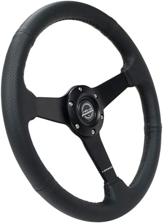 NRG Innovations NRG-RST-037MB-PR 350mm Sport Steering Wheel (1.5' deep) Black Perforated Leather with Black Stitching - Matte Black Solid Spokes