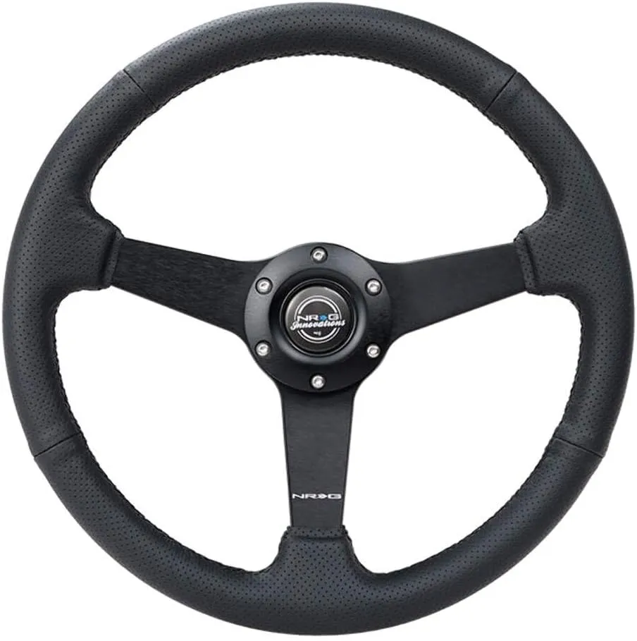 NRG Innovations NRG-RST-037MB-PR 350mm Sport Steering Wheel (1.5' deep) Black Perforated Leather with Black Stitching - Matte Black Solid Spokes