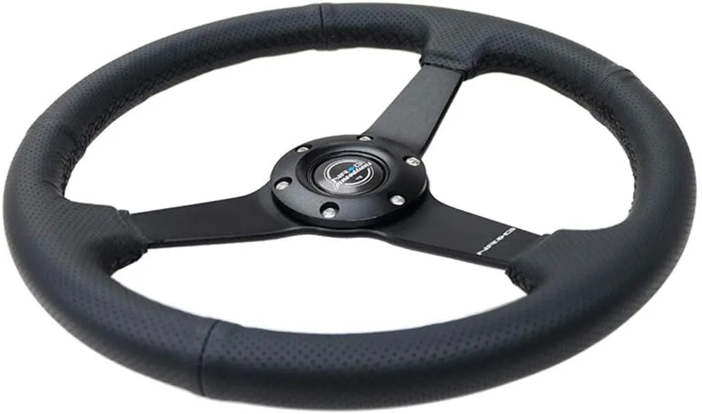 NRG Innovations NRG-RST-037MB-PR 350mm Sport Steering Wheel (1.5' deep) Black Perforated Leather with Black Stitching - Matte Black Solid Spokes