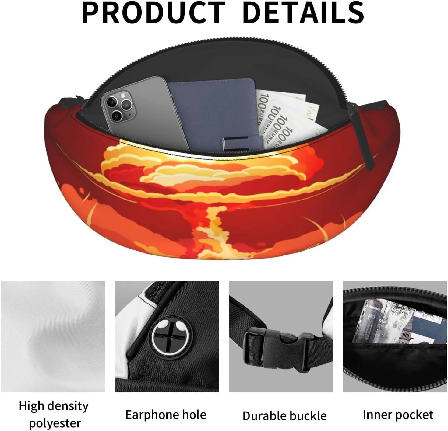 Nuclear Explosion Fireball Mushroom Cloud Fanny Pack, Crossbody Waist Packs for Women Men Waist Bags with Adjustable Strap for Travel Running Hiking Sport