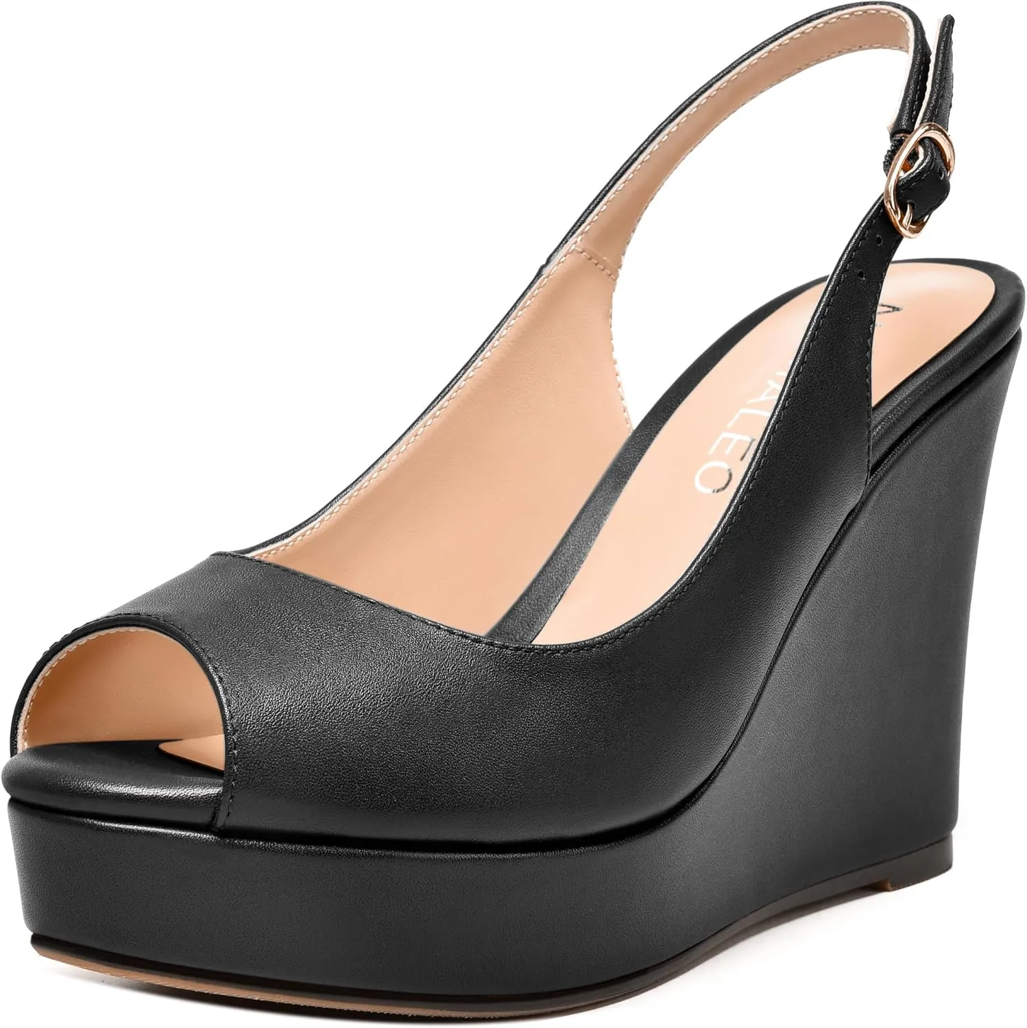 NUMALEO Womens Evening Slingback Buckle Platform Sexy Peep Toe Matte Fashion Wedge High Heel Pumps Shoes 4 Inch