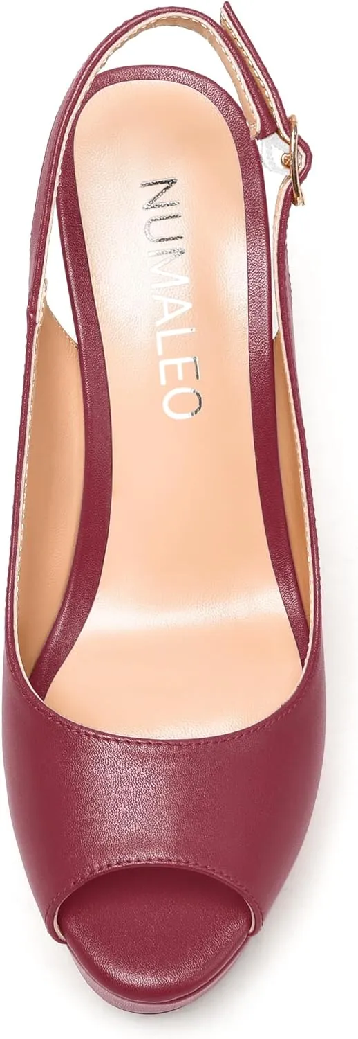 NUMALEO Womens Evening Slingback Buckle Platform Sexy Peep Toe Matte Fashion Wedge High Heel Pumps Shoes 4 Inch