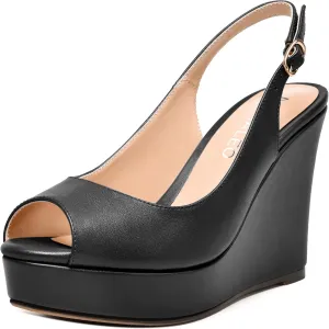 NUMALEO Womens Evening Slingback Buckle Platform Sexy Peep Toe Matte Fashion Wedge High Heel Pumps Shoes 4 Inch