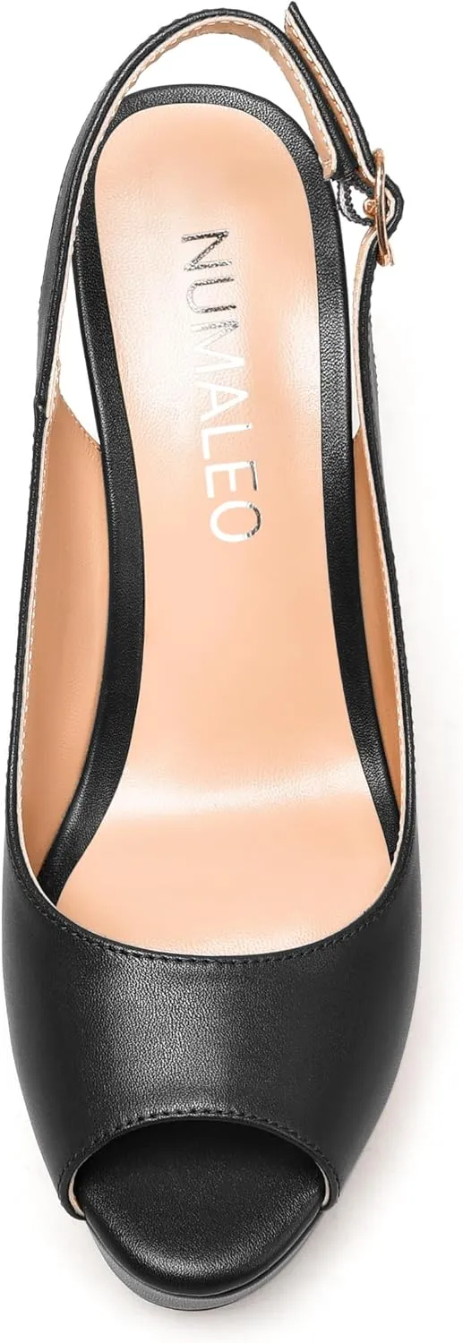 NUMALEO Womens Evening Slingback Buckle Platform Sexy Peep Toe Matte Fashion Wedge High Heel Pumps Shoes 4 Inch