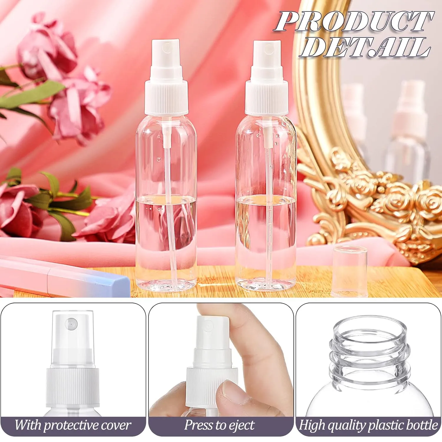 Nuogo 100 Pack 2 Oz Plastic Spray Bottles Reusable Mini Travel Size Perfume Refillable Mist Sprayer Empty Spritz Bottle for Household Use Essential Oil Cleaning(Clear)