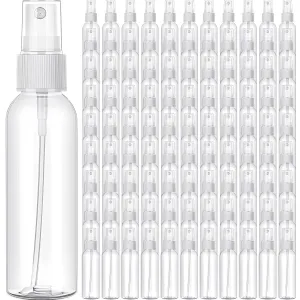Nuogo 100 Pack 2 Oz Plastic Spray Bottles Reusable Mini Travel Size Perfume Refillable Mist Sprayer Empty Spritz Bottle for Household Use Essential Oil Cleaning(Clear)