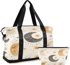 Nursery Bohemian Moon Phases in Beige and White Seamless Pattern Cute Seamless Pattern for Seamles Travel Duffel Bag Waterproof Gym Sport Tote Bag Carry On Weekender Bag with Compartment