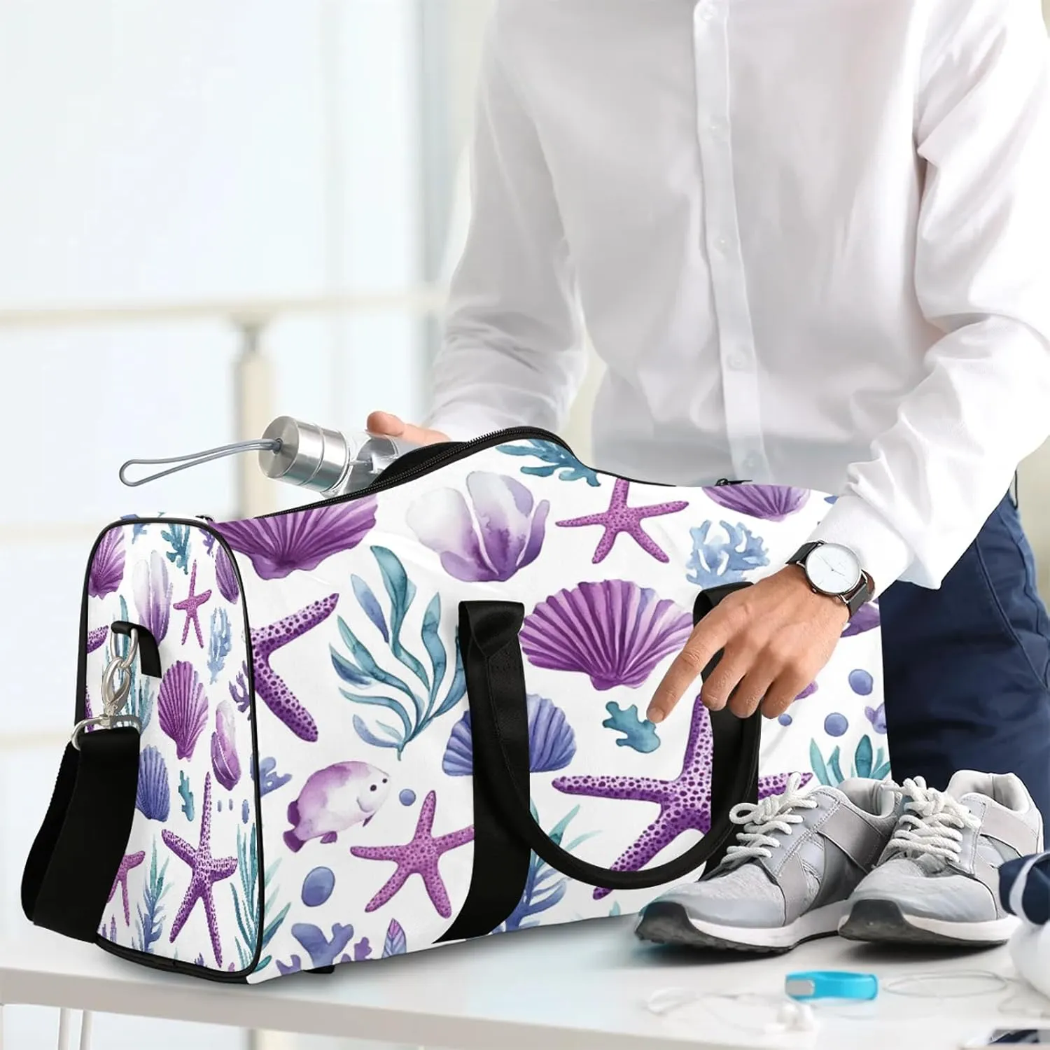 Ocean Theme Duffle Bag for Travel, Overnight Weekend Gym Carry On Luggage Bag, Starfish Coral Nautical Coastal Travel Duffel Bag for Men Women