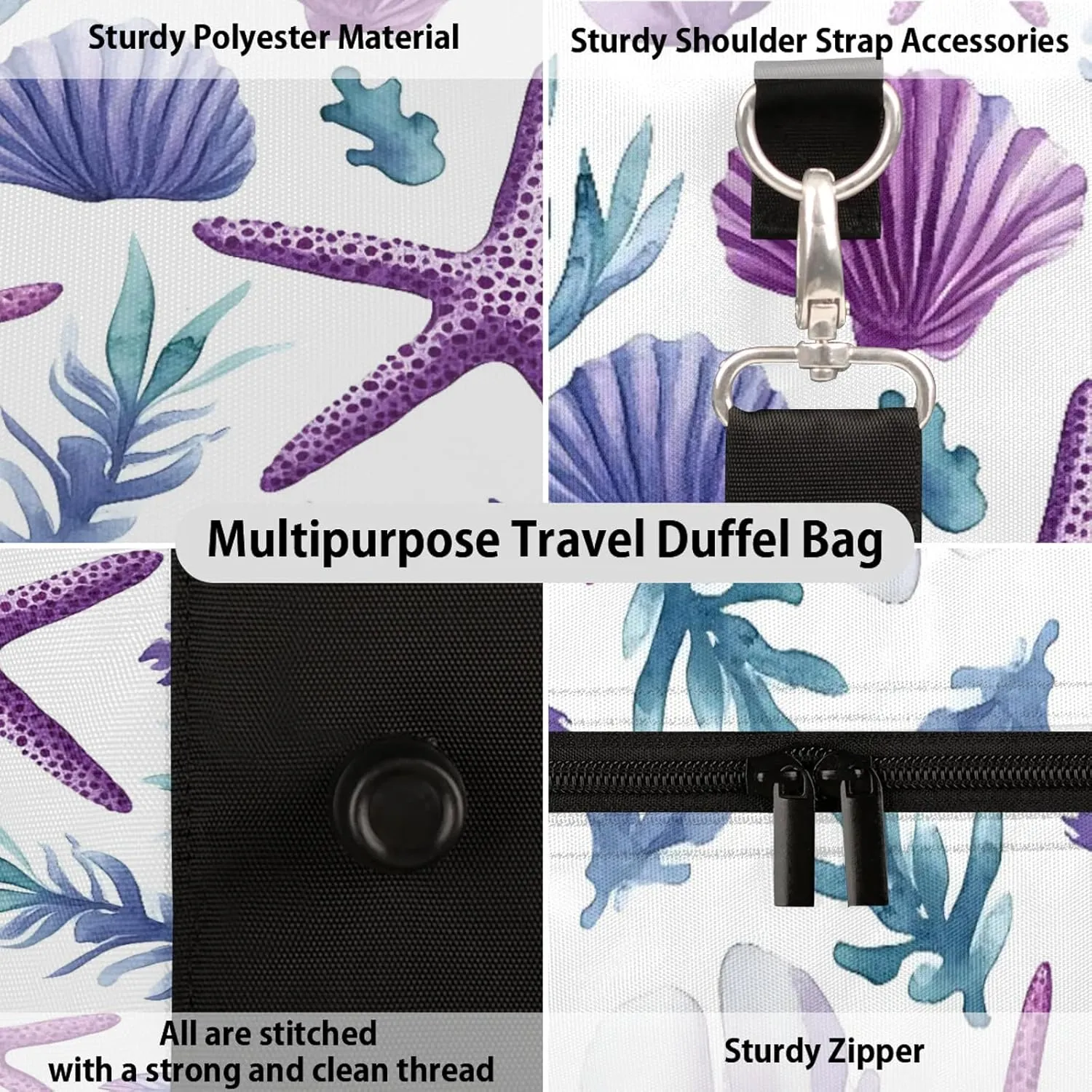 Ocean Theme Duffle Bag for Travel, Overnight Weekend Gym Carry On Luggage Bag, Starfish Coral Nautical Coastal Travel Duffel Bag for Men Women