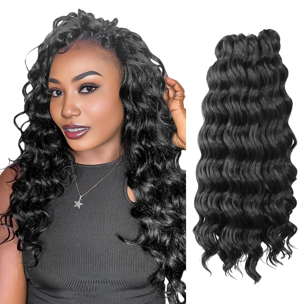 Ocean Wave Crochet Hair 18 Inch 8 Packs Soft Deep Twist Crochet Braids Synthetic Wavy Braiding Hair Extensions (2# Off Black)