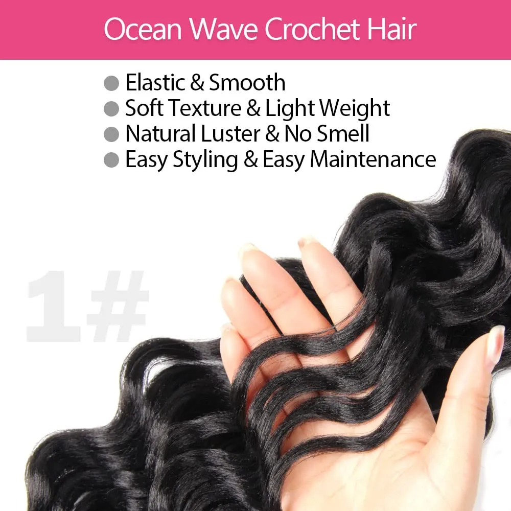 Ocean Wave Crochet Hair 18 Inch 8 Packs Soft Water Wave Crochet Braids Synthetic Wavy Braiding Hair Extensions (1# Jet Black)