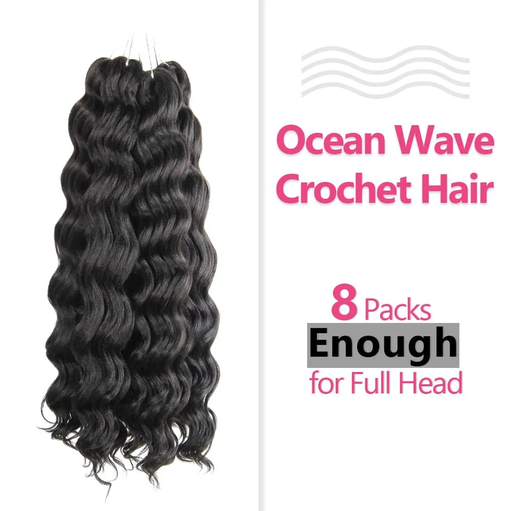 Ocean Wave Crochet Hair 18 Inch 8 Packs Soft Water Wave Crochet Braids Synthetic Wavy Braiding Hair Extensions (1# Jet Black)