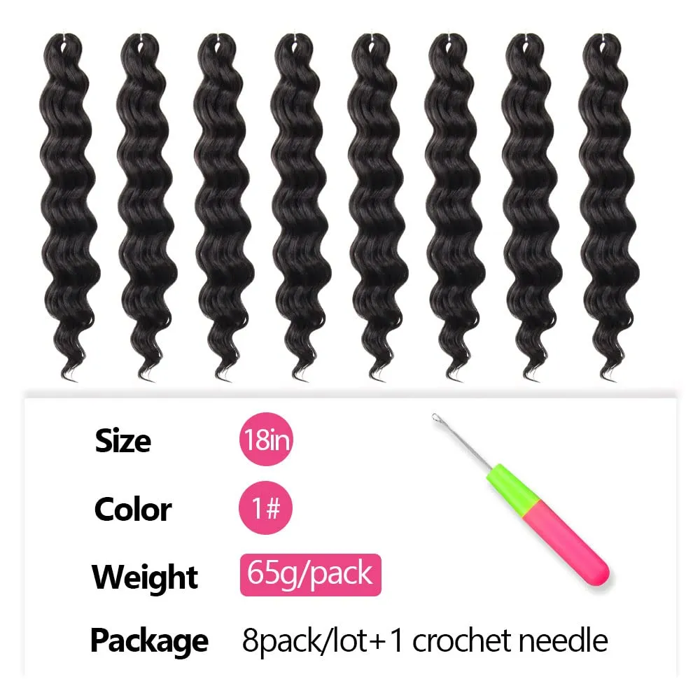 Ocean Wave Crochet Hair 18 Inch 8 Packs Soft Water Wave Crochet Braids Synthetic Wavy Braiding Hair Extensions (1# Jet Black)