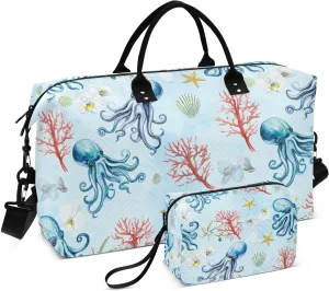 Octopus Orchid Coral Starfish Sports Gym Bag for Women Men Travel Duffel Bag Weekend Overnight Carry on Bag with Toiletry Bag Workout Dance Bag for Swimming Yoga Workout Plane Hospital