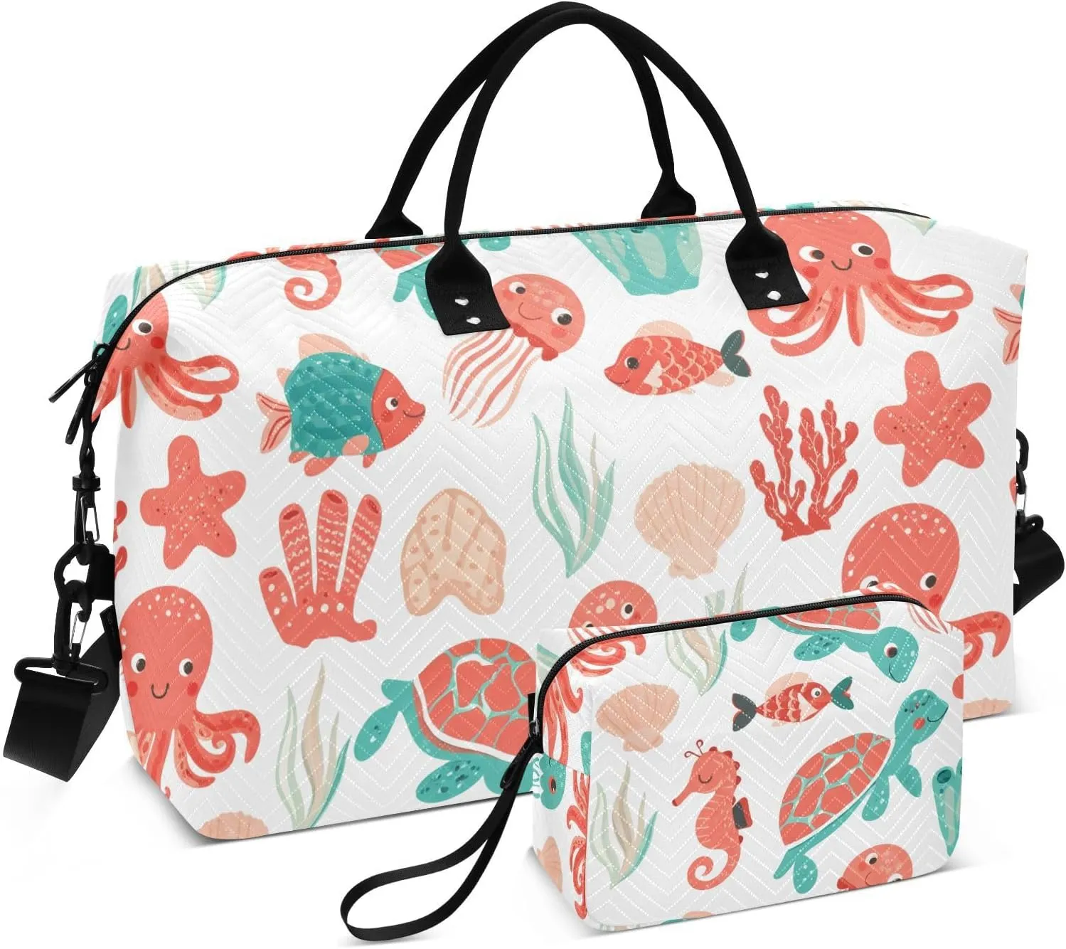 Octopuses Coral White Sports Gym Bag for Women Men Travel Duffel Bag Weekend Overnight Carry on Bag with Toiletry Bag Hospital Bag for Yoga Workout Swimming Hospital Plane
