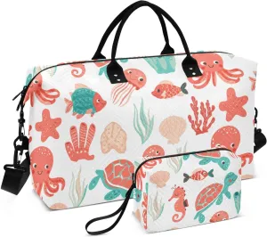 Octopuses Coral White Sports Gym Bag for Women Men Travel Duffel Bag Weekend Overnight Carry on Bag with Toiletry Bag Hospital Bag for Yoga Workout Swimming Hospital Plane