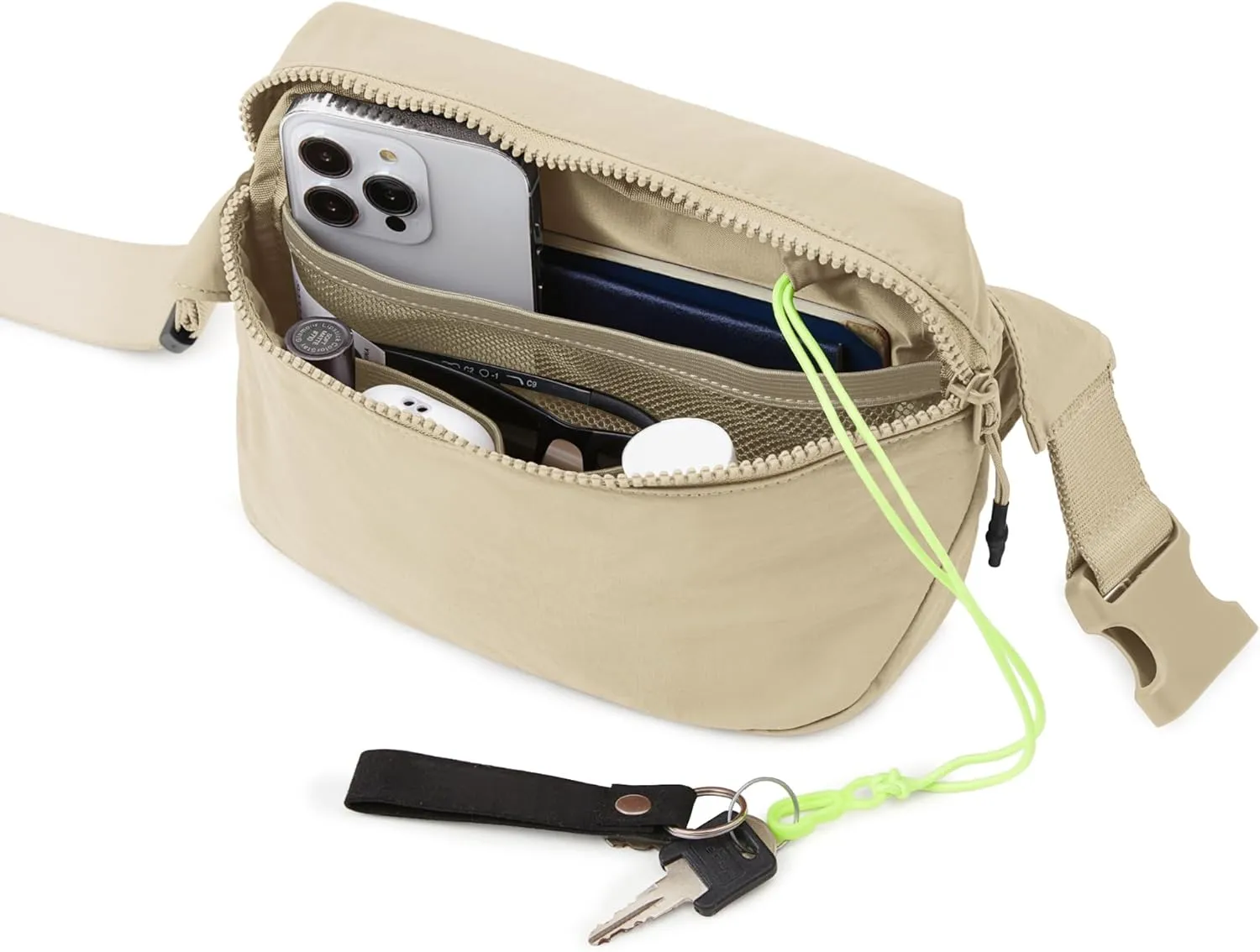 ODODOS 2L Belt Bag for Women Men, Crossbody Fanny Packs with Adjustable Strap Waist Pouch for Workout Hiking Running Travel, Beige