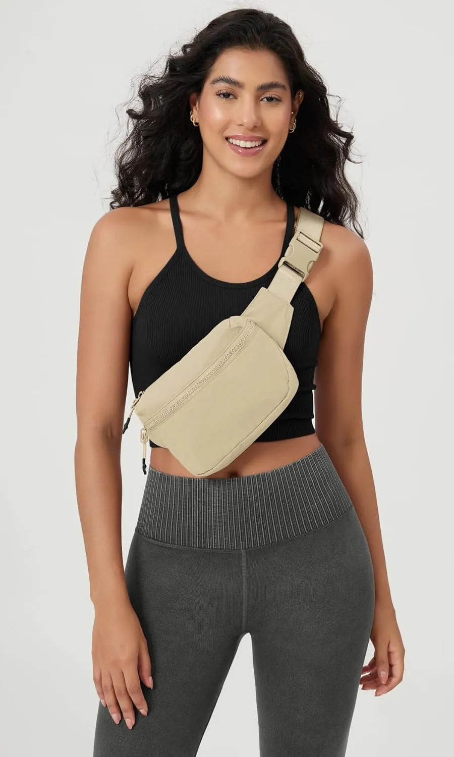 ODODOS 2L Belt Bag for Women Men, Crossbody Fanny Packs with Adjustable Strap Waist Pouch for Workout Hiking Running Travel, Beige