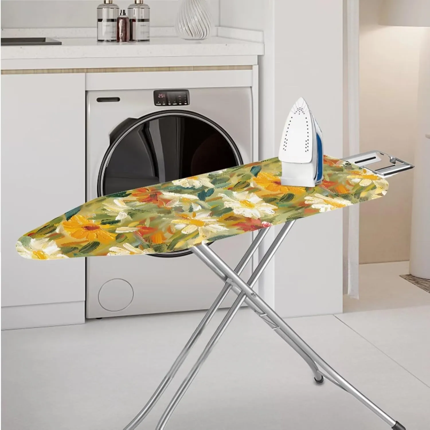 Oil Painting Daisy Abstract Print 3-Strap Ironing Board Cover & Iron Carry Bag Set - Scorch Resistant Protective Cover   Durable Zippered Storage Case with Handle for Full-Size Irons 15x54