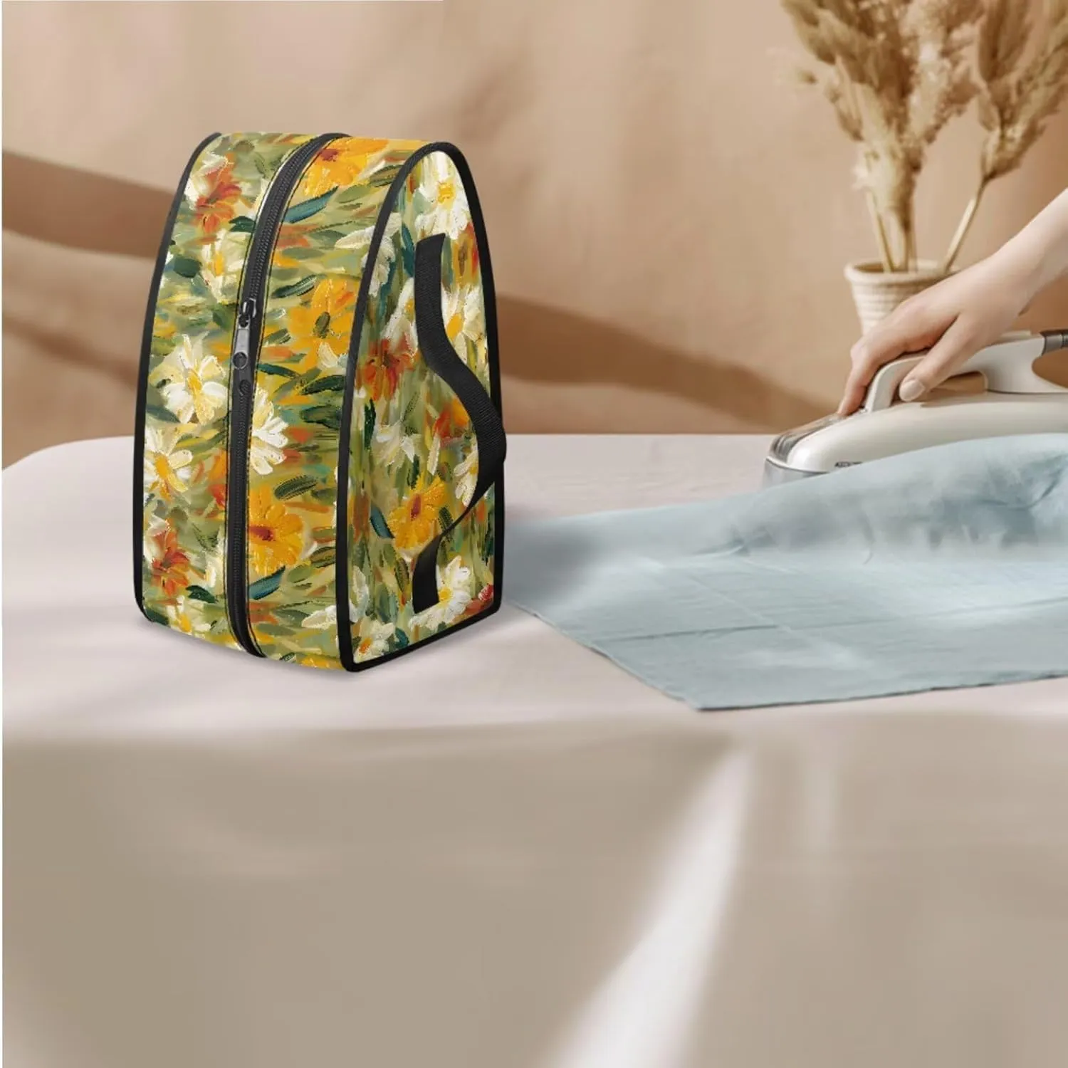 Oil Painting Daisy Abstract Print 3-Strap Ironing Board Cover & Iron Carry Bag Set - Scorch Resistant Protective Cover   Durable Zippered Storage Case with Handle for Full-Size Irons 15x54