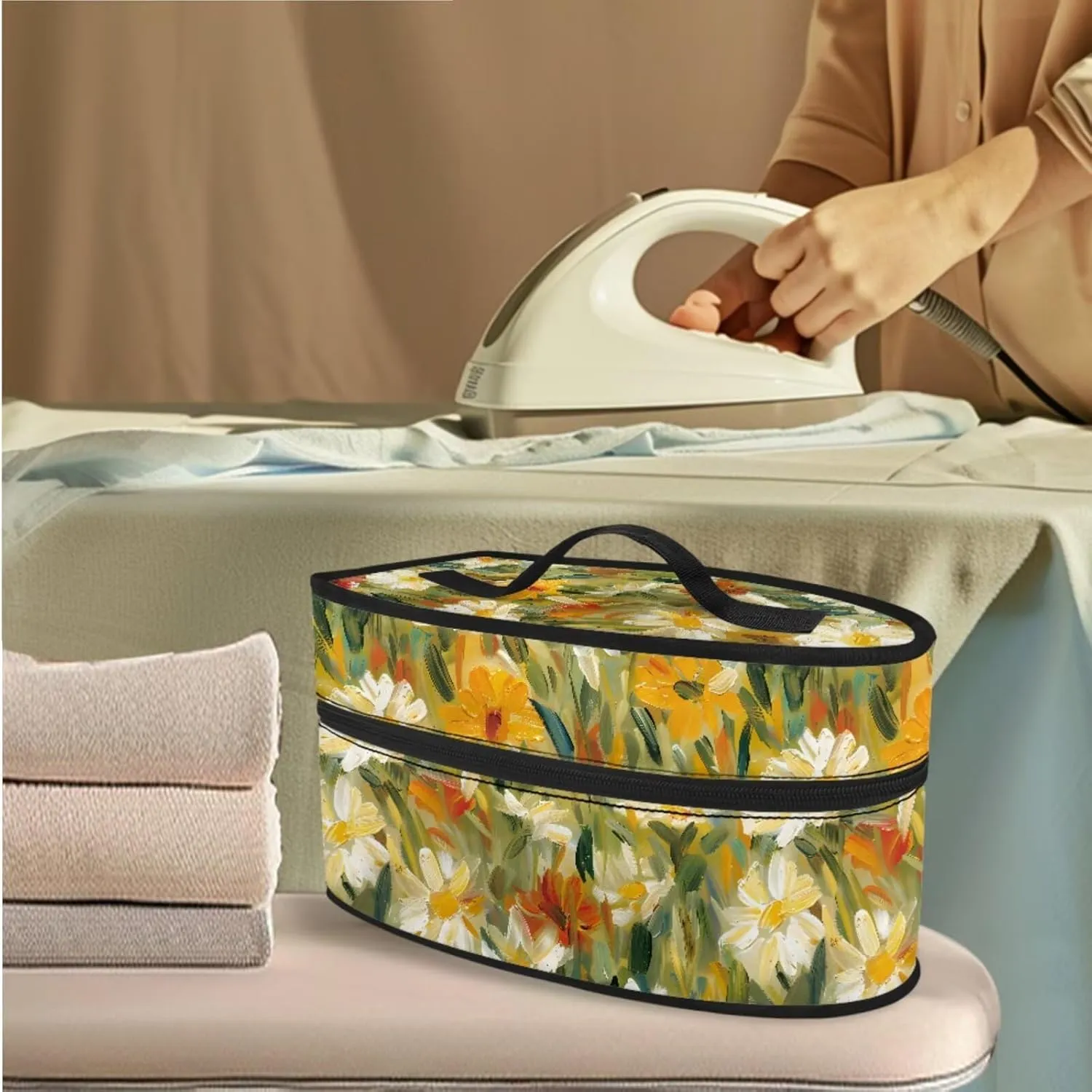 Oil Painting Daisy Abstract Print 3-Strap Ironing Board Cover & Iron Carry Bag Set - Scorch Resistant Protective Cover   Durable Zippered Storage Case with Handle for Full-Size Irons 15x54
