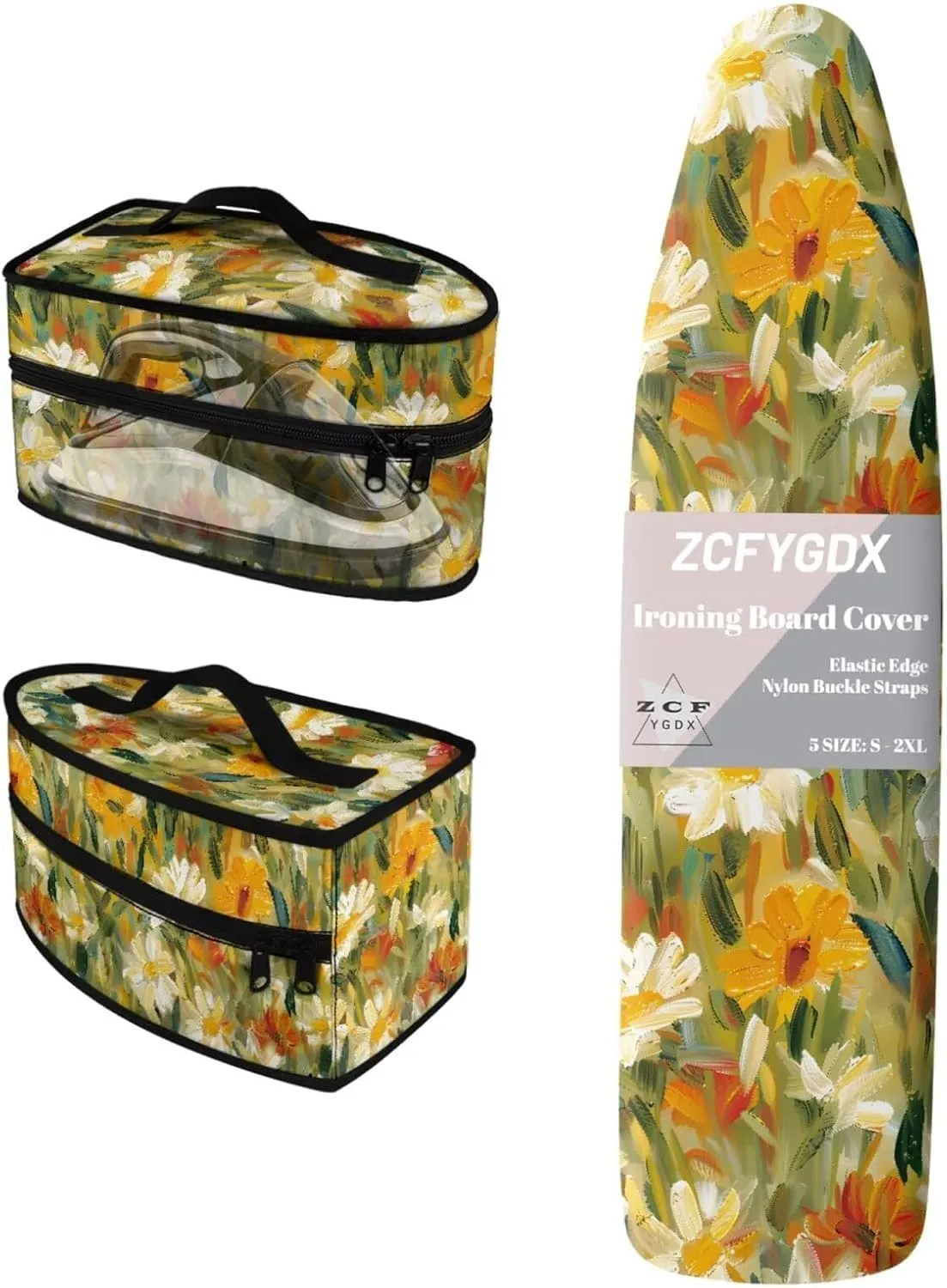 Oil Painting Daisy Abstract Print 3-Strap Ironing Board Cover & Iron Carry Bag Set - Scorch Resistant Protective Cover   Durable Zippered Storage Case with Handle for Full-Size Irons 15x54