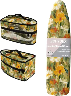 Oil Painting Daisy Abstract Print 3-Strap Ironing Board Cover & Iron Carry Bag Set - Scorch Resistant Protective Cover   Durable Zippered Storage Case with Handle for Full-Size Irons 15x54