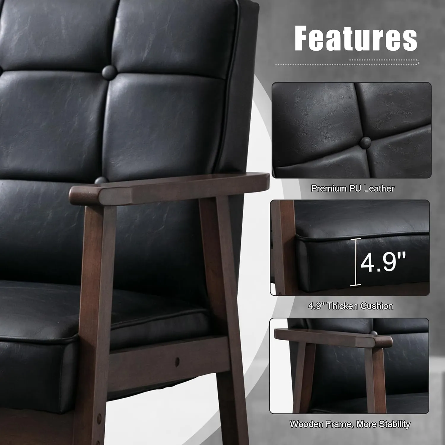 Okeysen Mid Century Modern Accent Chair, Retro Wood and Leather Armchairs Side Chair, Lounge Reading Comfy Arm Chair for Living Room, Bedroom, Office (Matte Black)