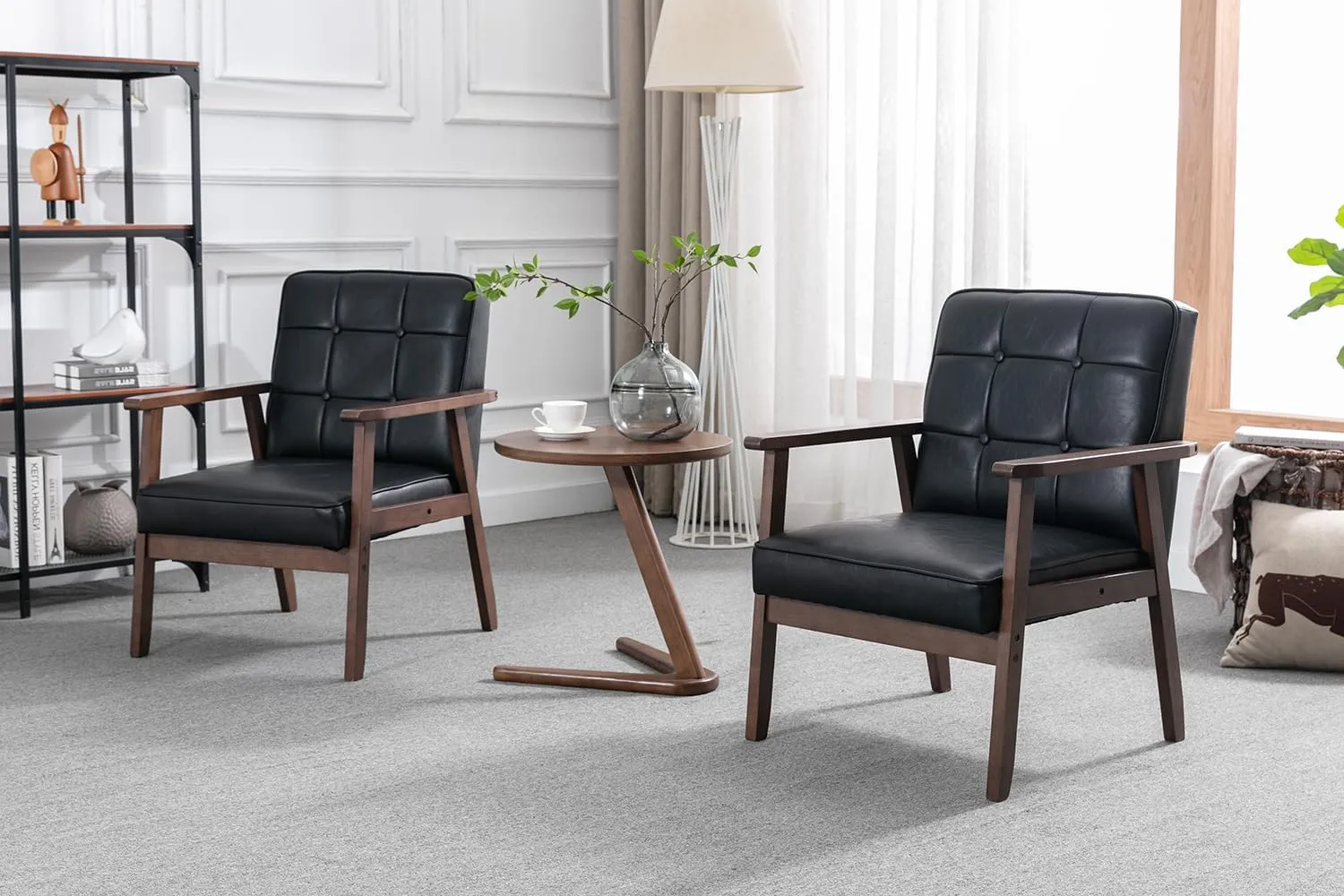 Okeysen Mid Century Modern Accent Chair, Retro Wood and Leather Armchairs Side Chair, Lounge Reading Comfy Arm Chair for Living Room, Bedroom, Office (Matte Black)