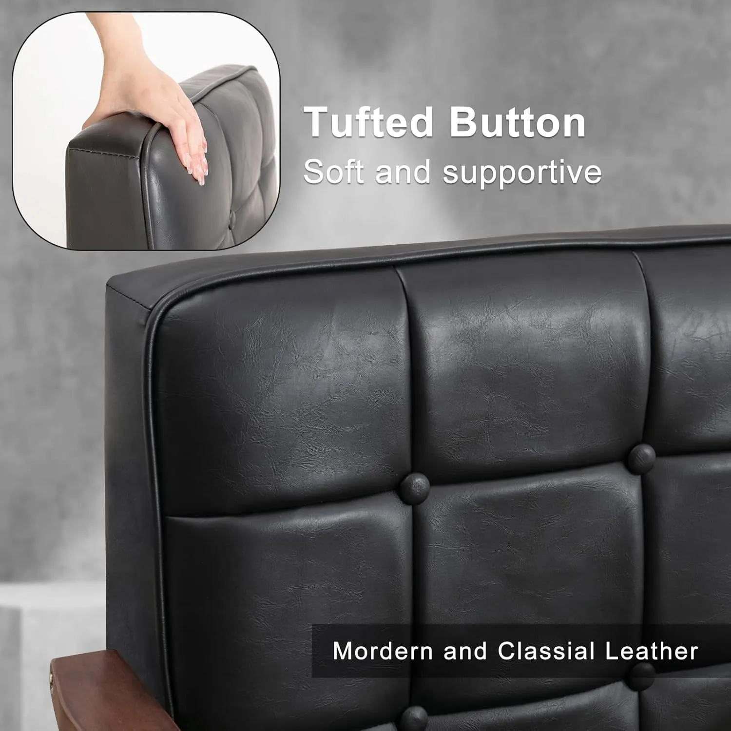 Okeysen Mid Century Modern Accent Chair, Retro Wood and Leather Armchairs Side Chair, Lounge Reading Comfy Arm Chair for Living Room, Bedroom, Office (Matte Black)