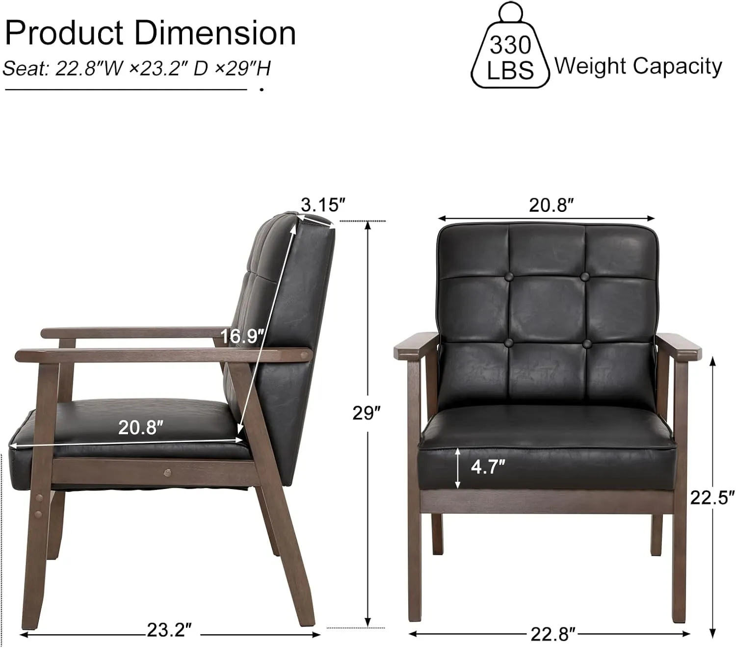 Okeysen Mid Century Modern Accent Chair, Retro Wood and Leather Armchairs Side Chair, Lounge Reading Comfy Arm Chair for Living Room, Bedroom, Office (Matte Black)