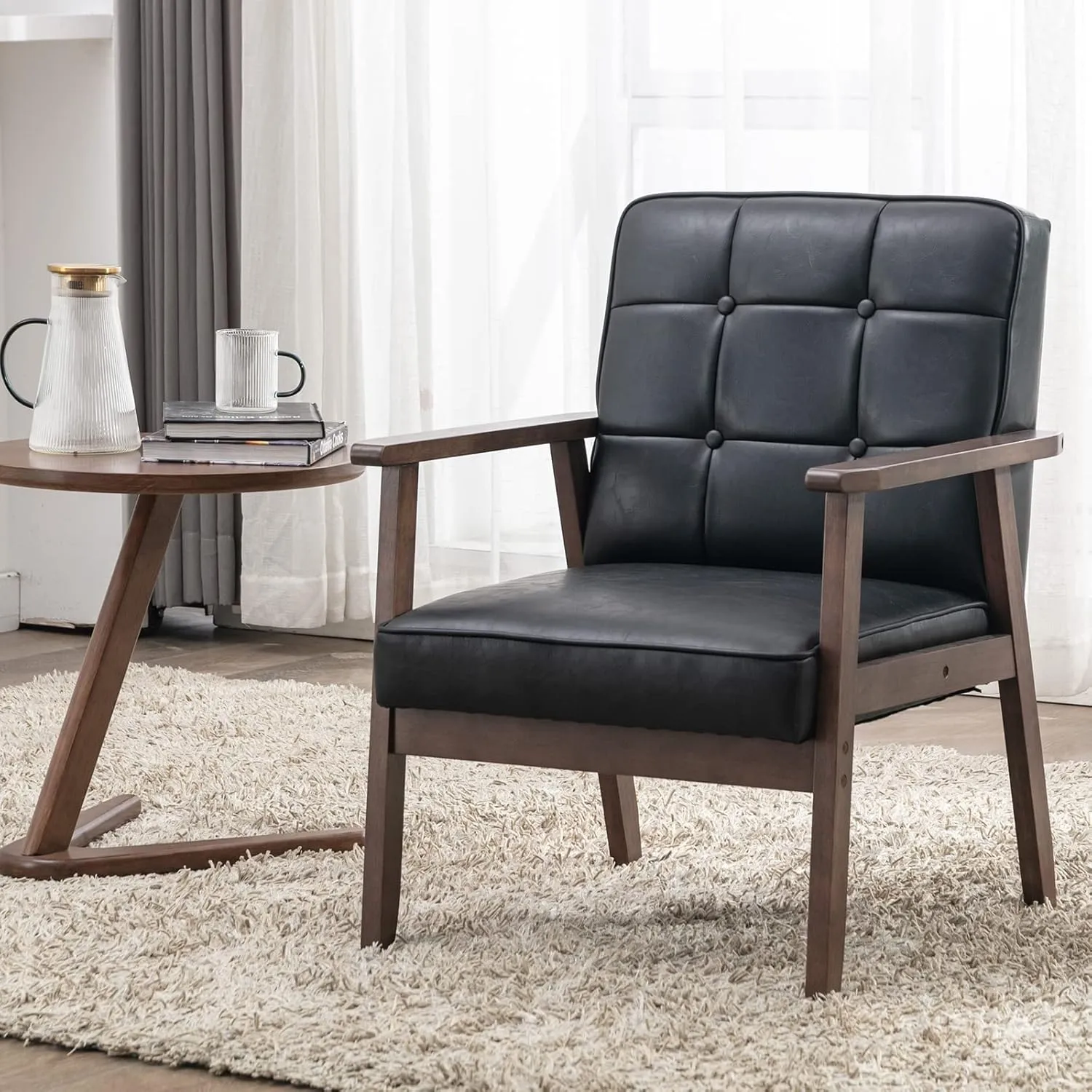 Okeysen Mid Century Modern Accent Chair, Retro Wood and Leather Armchairs Side Chair, Lounge Reading Comfy Arm Chair for Living Room, Bedroom, Office (Matte Black)
