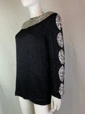 Oleg Cassini Black Silver Sequin Beaded Rhinestone Silk Top