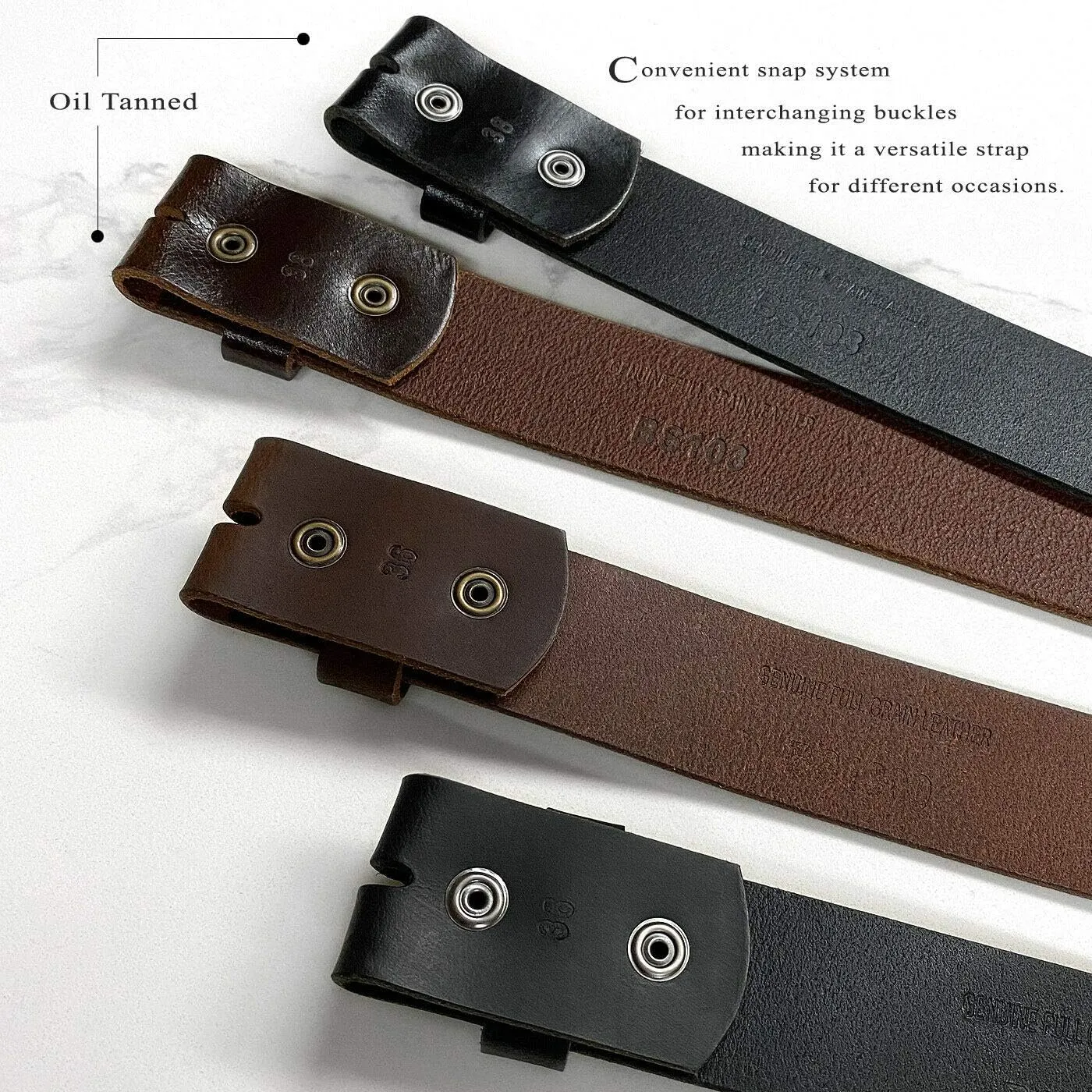 One Piece Full Grain Buffalo/Oil Tanned Leather Replacement Belt Strap or Belt with Buckle 1-1/2" (38mm) wide
