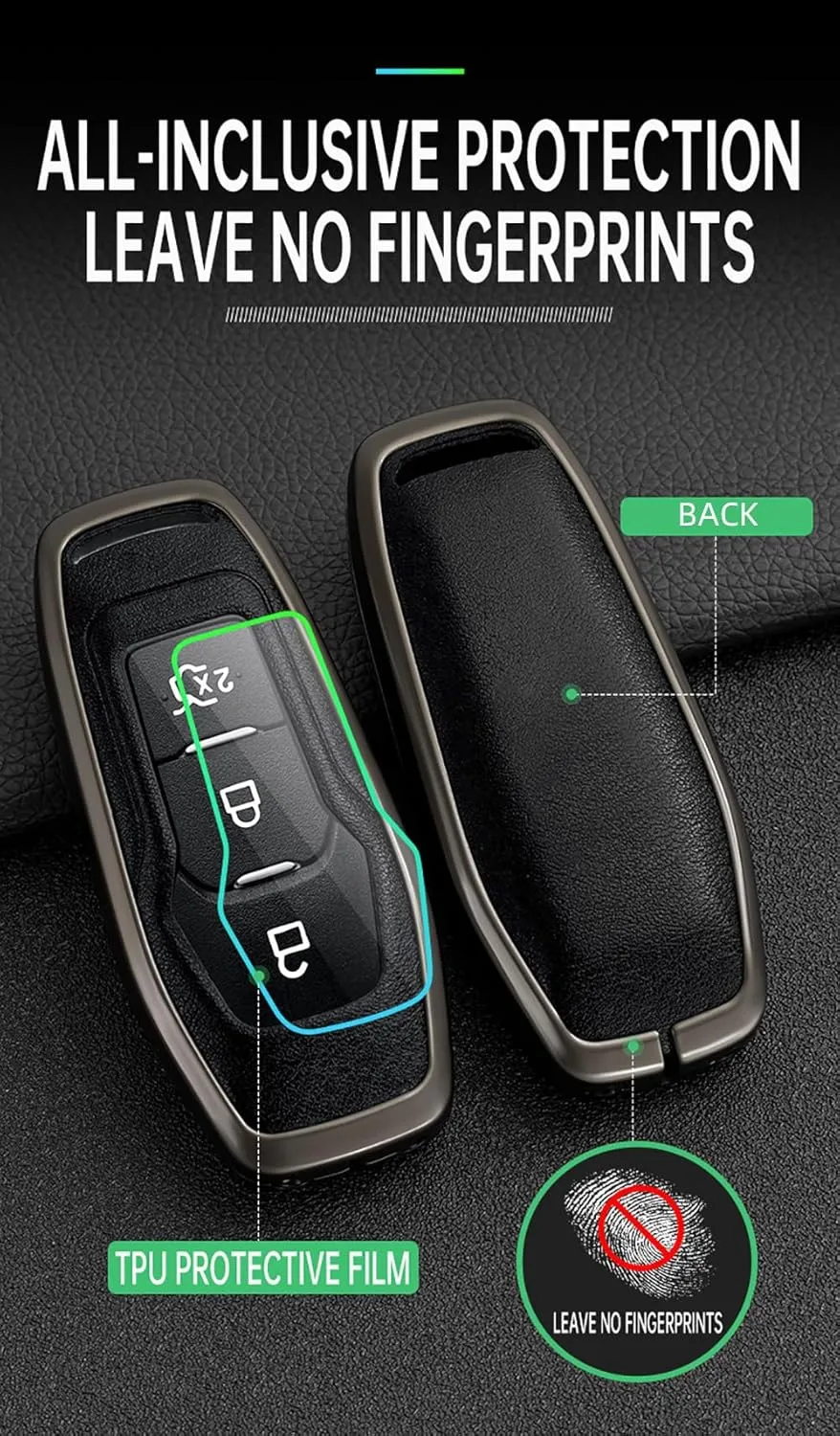 ontto 3-Button Key Bag Compatible with Ford Intelligent Key Remote Metal and Leather Car Key Cover for Focus 3 4 ST Mondeo 5 MK5 Mustang F-150 Explorer Edge Fiesta Kuga MK3 4 Key Fob Blue