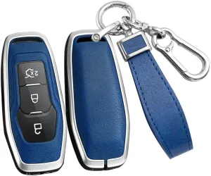 ontto 3-Button Key Bag Compatible with Ford Intelligent Key Remote Metal and Leather Car Key Cover for Focus 3 4 ST Mondeo 5 MK5 Mustang F-150 Explorer Edge Fiesta Kuga MK3 4 Key Fob Blue