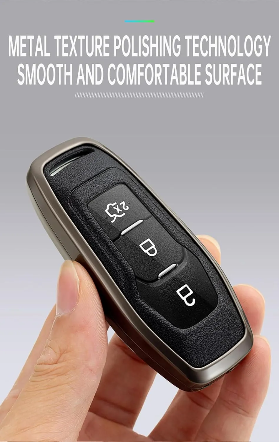 ontto 3-Button Key Bag Compatible with Ford Intelligent Key Remote Metal and Leather Car Key Cover for Focus 3 4 ST Mondeo 5 MK5 Mustang F-150 Explorer Edge Fiesta Kuga MK3 4 Key Fob Blue