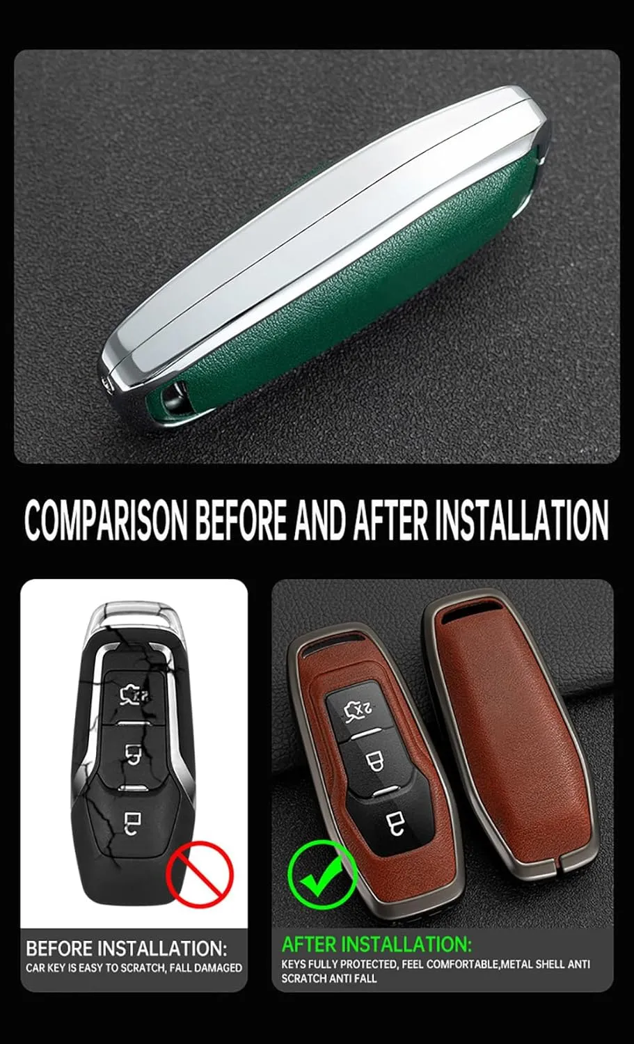 ontto 3-Button Key Bag Compatible with Ford Intelligent Key Remote Metal and Leather Car Key Cover for Focus 3 4 ST Mondeo 5 MK5 Mustang F-150 Explorer Edge Fiesta Kuga MK3 4 Key Fob Blue
