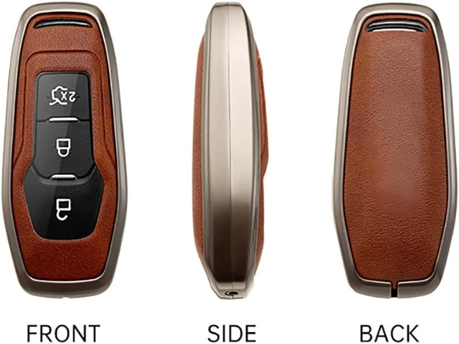 ontto 3-Button Key Bag Compatible with Ford Intelligent Key Remote Metal and Leather Car Key Cover for Focus 3 4 ST Mondeo 5 MK5 Mustang F-150 Explorer Edge Fiesta Kuga MK3 4 Key Fob Blue