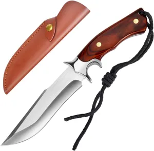 Outdoor Fixed Blade D2 Steel Knife with Wooden Handle - Red Brown Survival Knife with Leather Sheath for Men - Camping, Hiking, Adventure