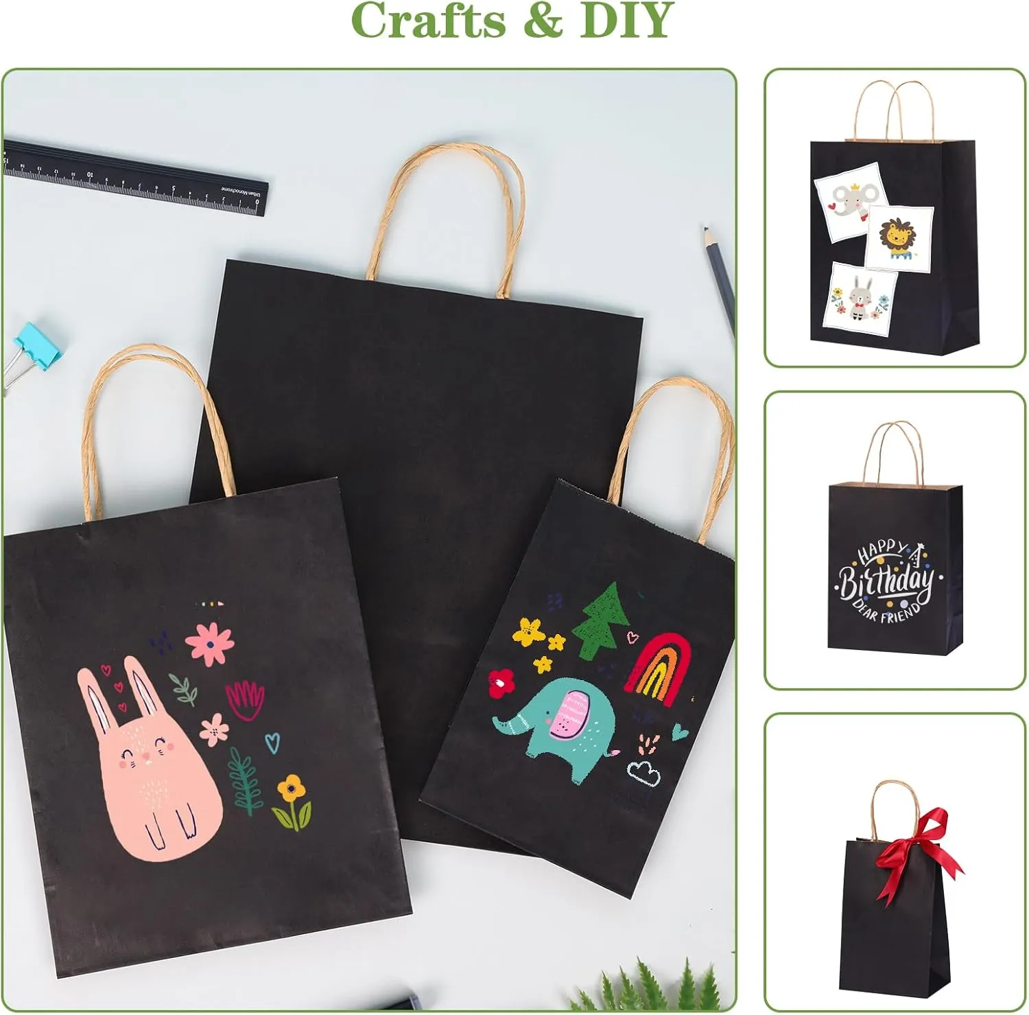 OUTUXED 120pcs Paper Bags with Handles Assorted Sizes Kraft Black Paper Gift Bags Bulk 3 Mixed Sizes for Retail, Party, Birthday, Gift, Shopping, Business, Merchandise