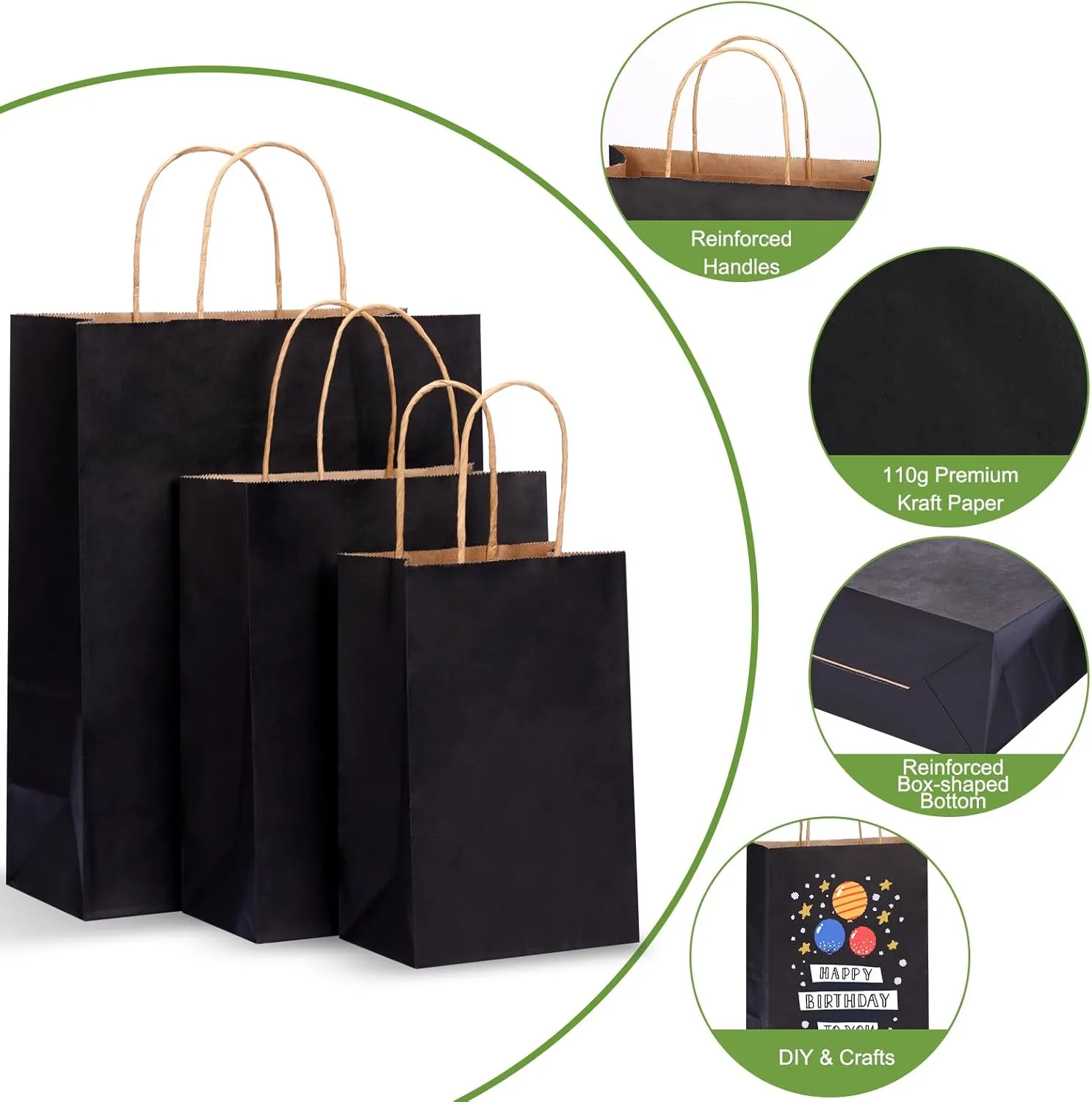 OUTUXED 120pcs Paper Bags with Handles Assorted Sizes Kraft Black Paper Gift Bags Bulk 3 Mixed Sizes for Retail, Party, Birthday, Gift, Shopping, Business, Merchandise