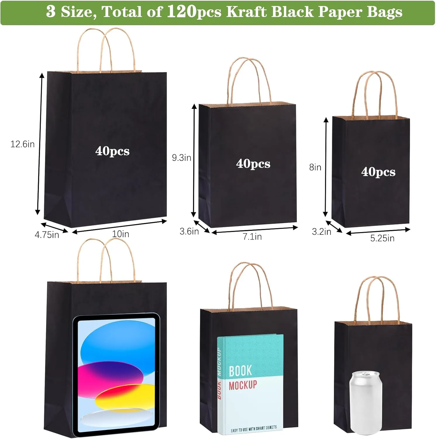 OUTUXED 120pcs Paper Bags with Handles Assorted Sizes Kraft Black Paper Gift Bags Bulk 3 Mixed Sizes for Retail, Party, Birthday, Gift, Shopping, Business, Merchandise