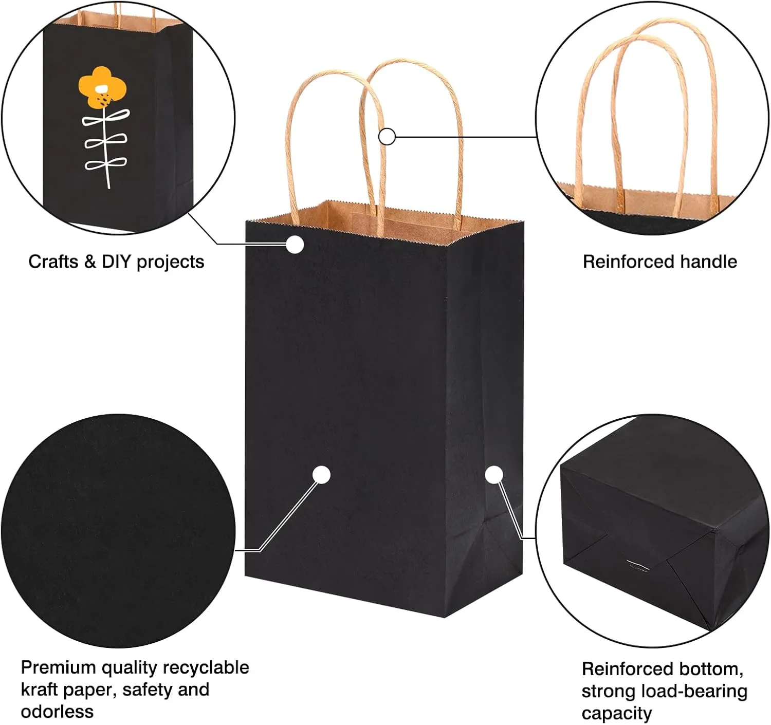 OUTUXED 60pcs Black Paper Gift Bags with Handles, 5.25x3.2x8in Small Gift Bags Bulk for Shopping, Birthday, Wedding, Business Party