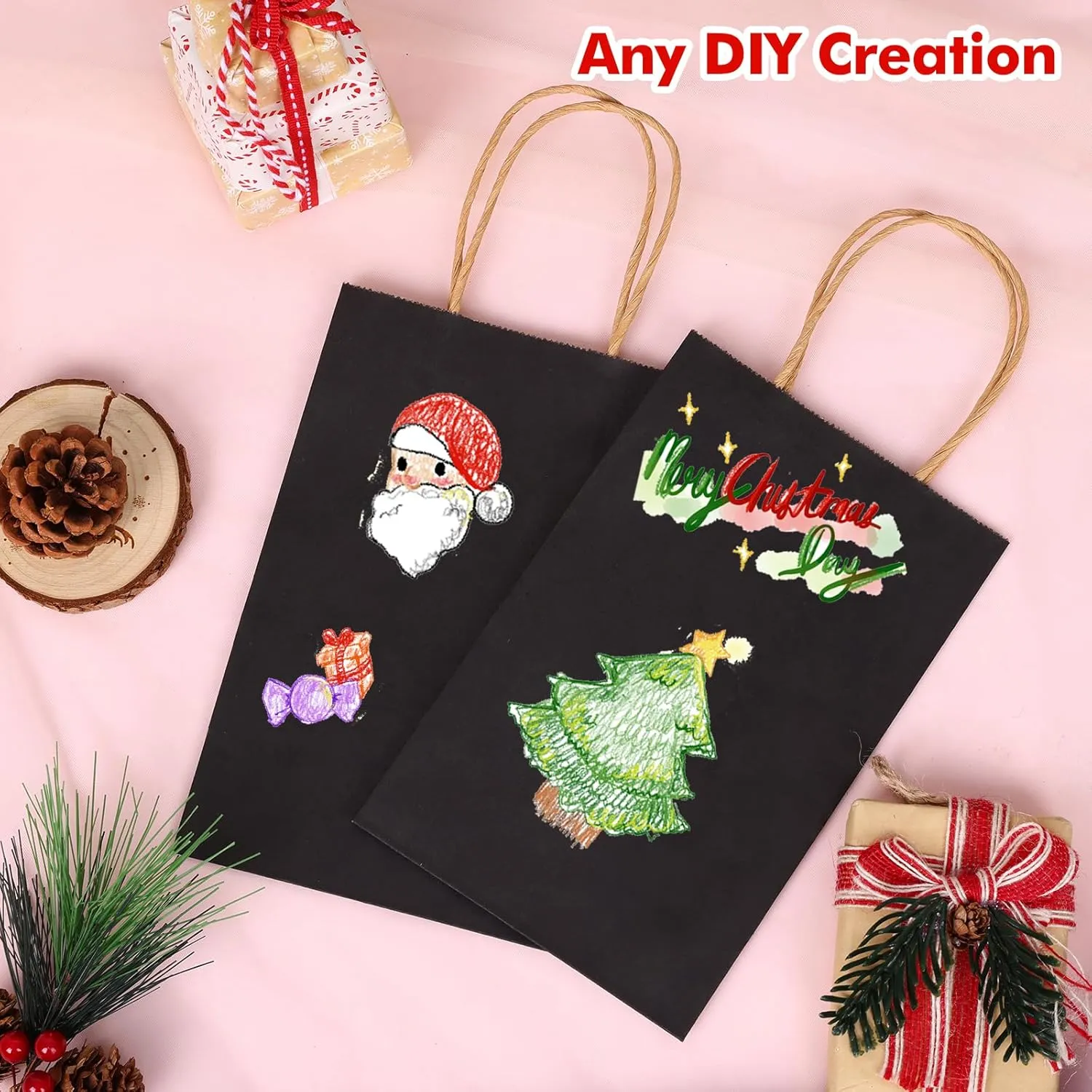 OUTUXED 60pcs Black Paper Gift Bags with Handles, 5.25x3.2x8in Small Gift Bags Bulk for Shopping, Birthday, Wedding, Business Party