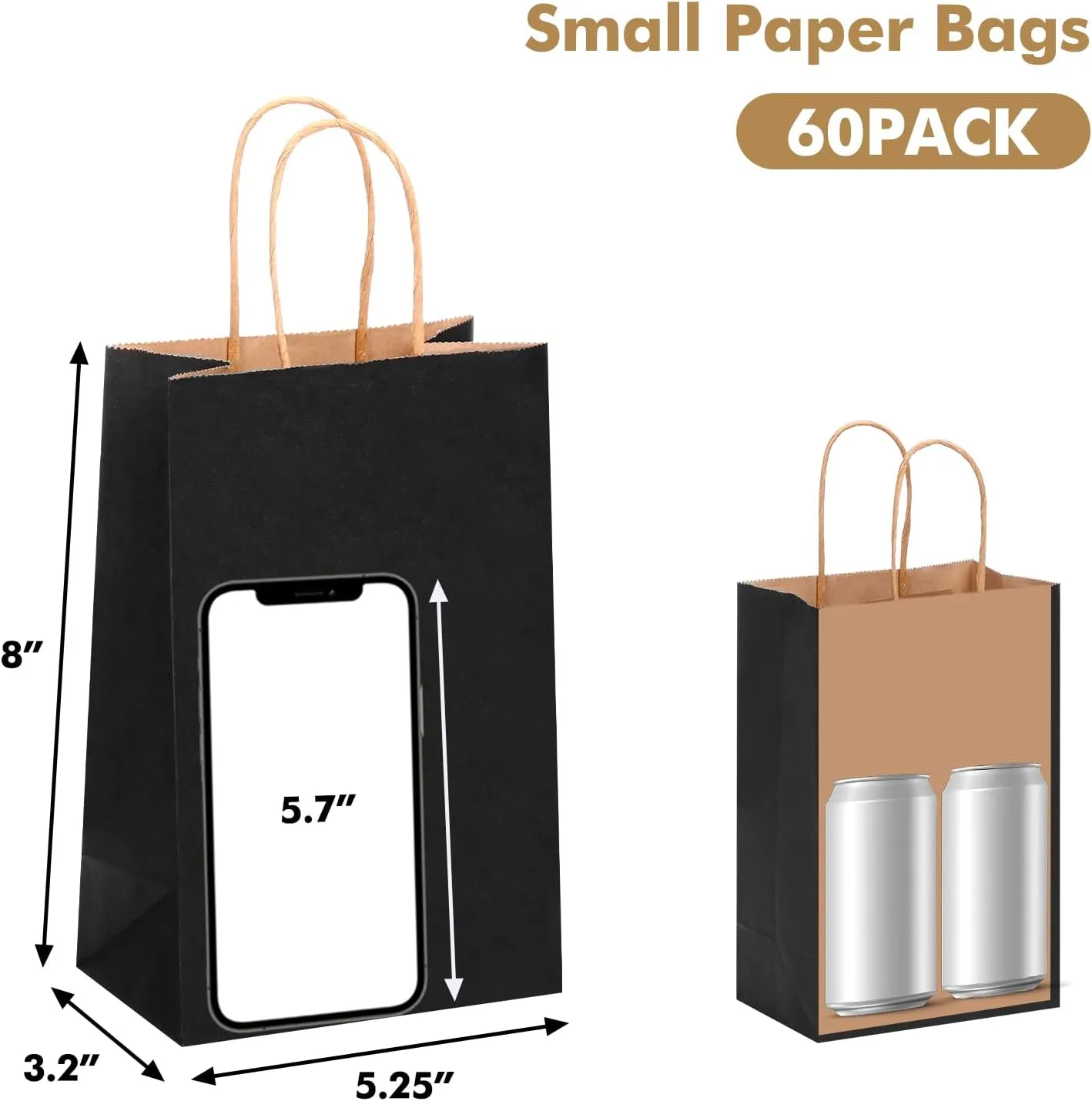 OUTUXED 60pcs Black Paper Gift Bags with Handles, 5.25x3.2x8in Small Gift Bags Bulk for Shopping, Birthday, Wedding, Business Party