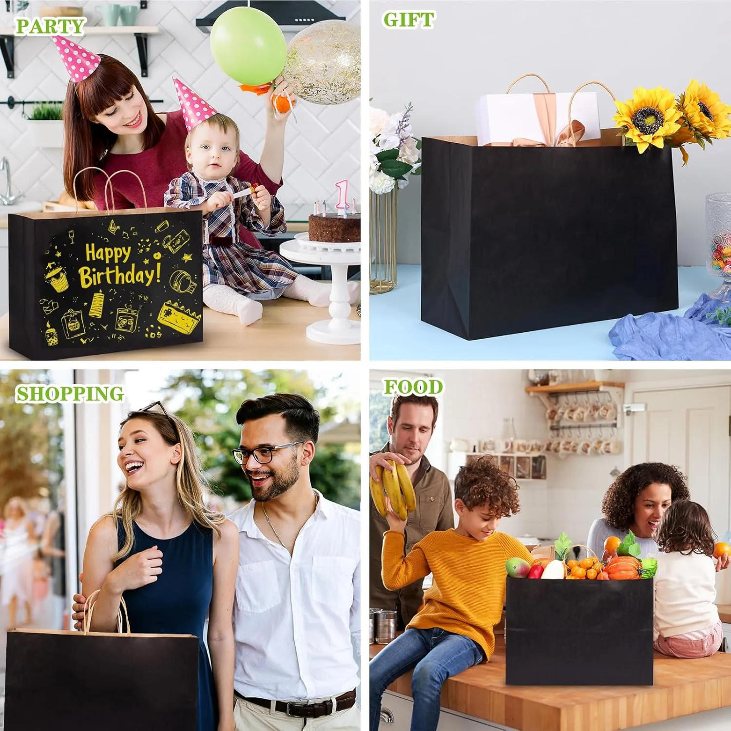 OUTUXED 90pcs Black Gift Bags, 16x6x12 Inch Large Paper Bags with Handles Bulk for Shopping, Boutiques, Small Business, Retail Stores, Gifts