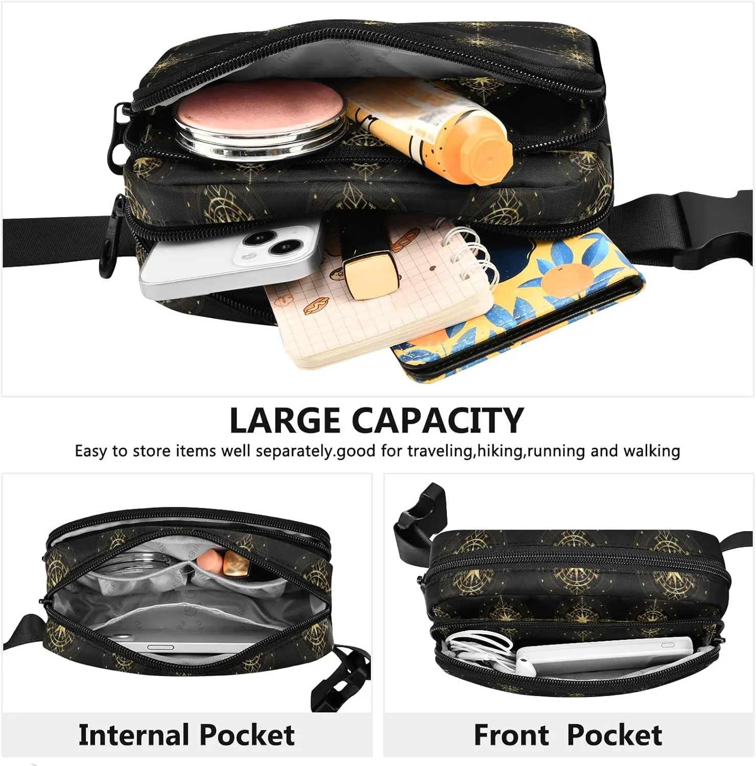 Oyihfvs Magic Ancient Wind Rose Magic Navigation Gold Compass Adjustable Fanny Waist Pack Pouch, Waterproof Runners Sports Waist Pack Wallet for Sports Hiking Fitness Cycling Gym Women Men