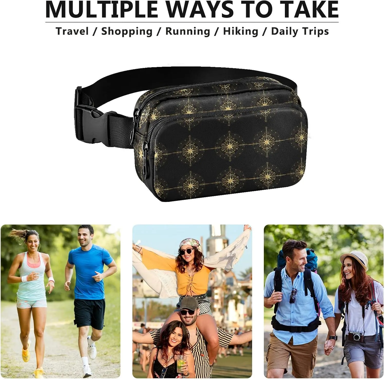 Oyihfvs Magic Ancient Wind Rose Magic Navigation Gold Compass Adjustable Fanny Waist Pack Pouch, Waterproof Runners Sports Waist Pack Wallet for Sports Hiking Fitness Cycling Gym Women Men